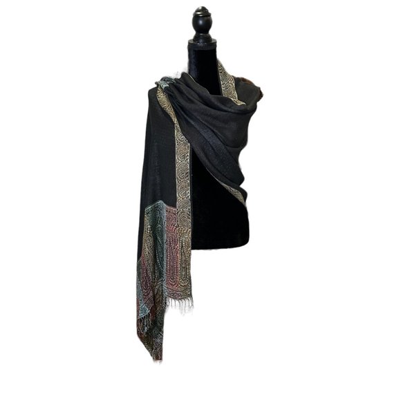 Unbranded Scarf Womens Long Rectangle Black Gold Blue Paisley Woven Fringe - Picture 1 of 9